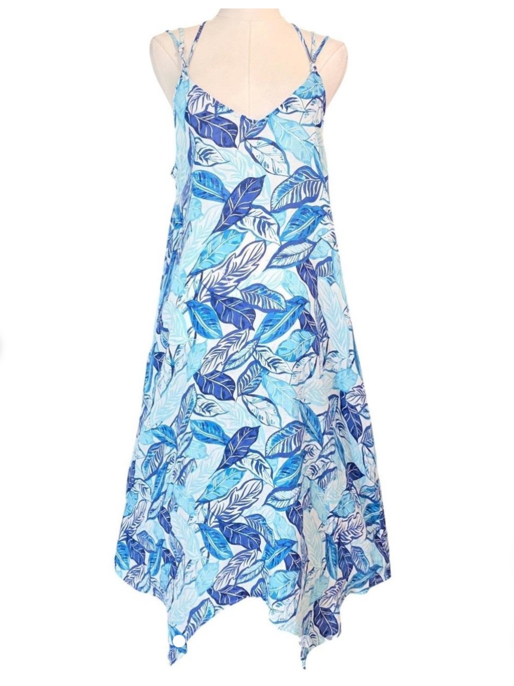 Sigrid Olsen Linen Blue & White Leaf-Print Strappy Long Dress
